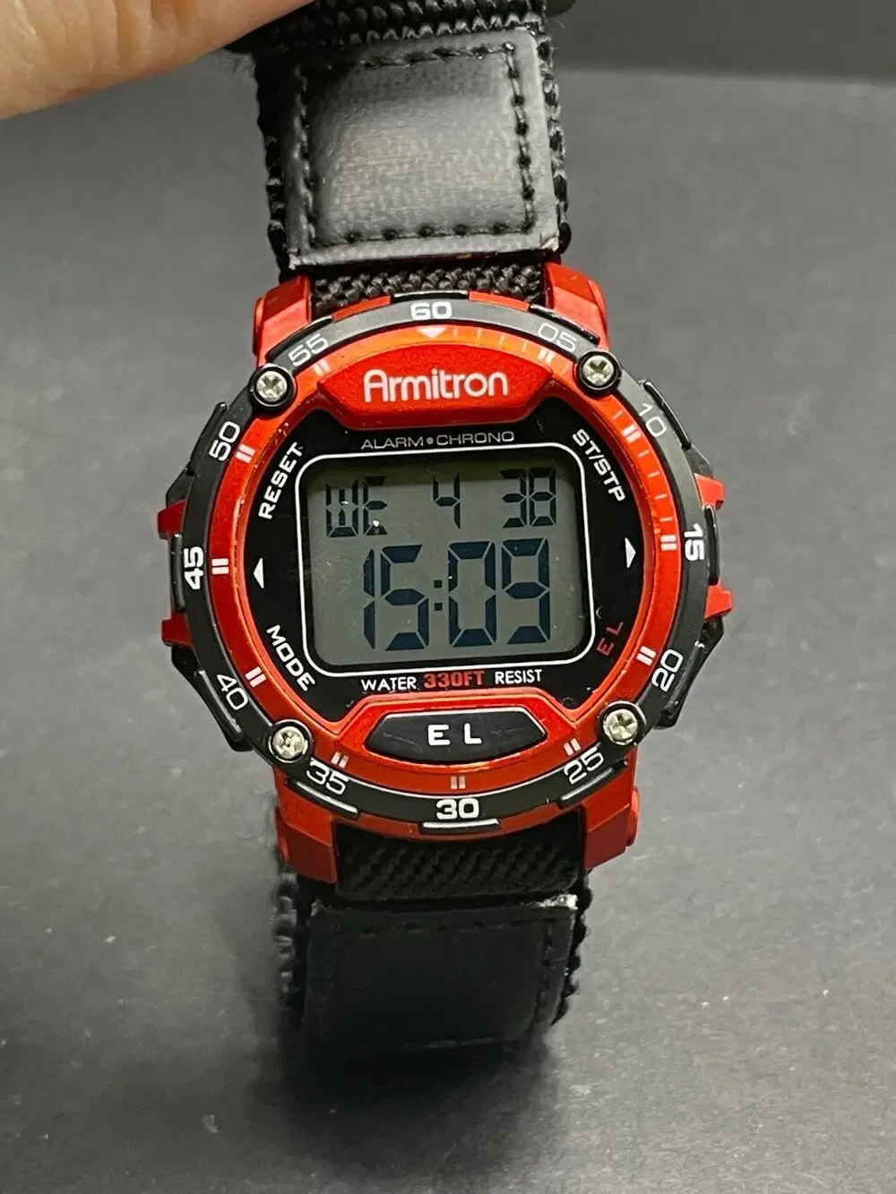 Armitron Sports Watch 41mm Black Red Digital Day Date Chronograph Alarm Works